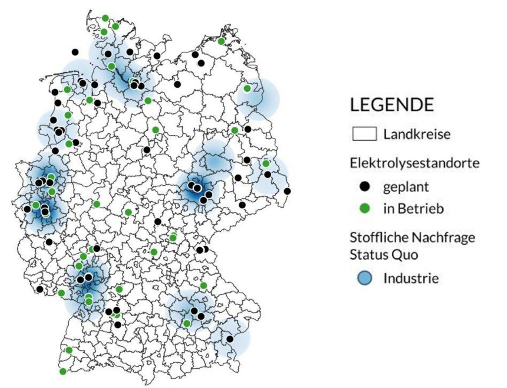 Karte mit Elektrolysestandorten in Deutschland